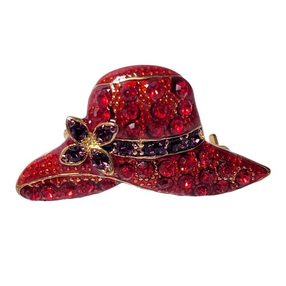 Vintage Red Hat Society Rhinestone Paved Brooch Pin Pendant Gold Tone - Picture 2 of 4